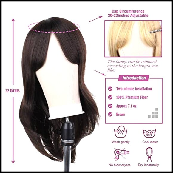 Long Straight Layered Wig with Bangs Heat Resistant Synthetic Fibre Glueless